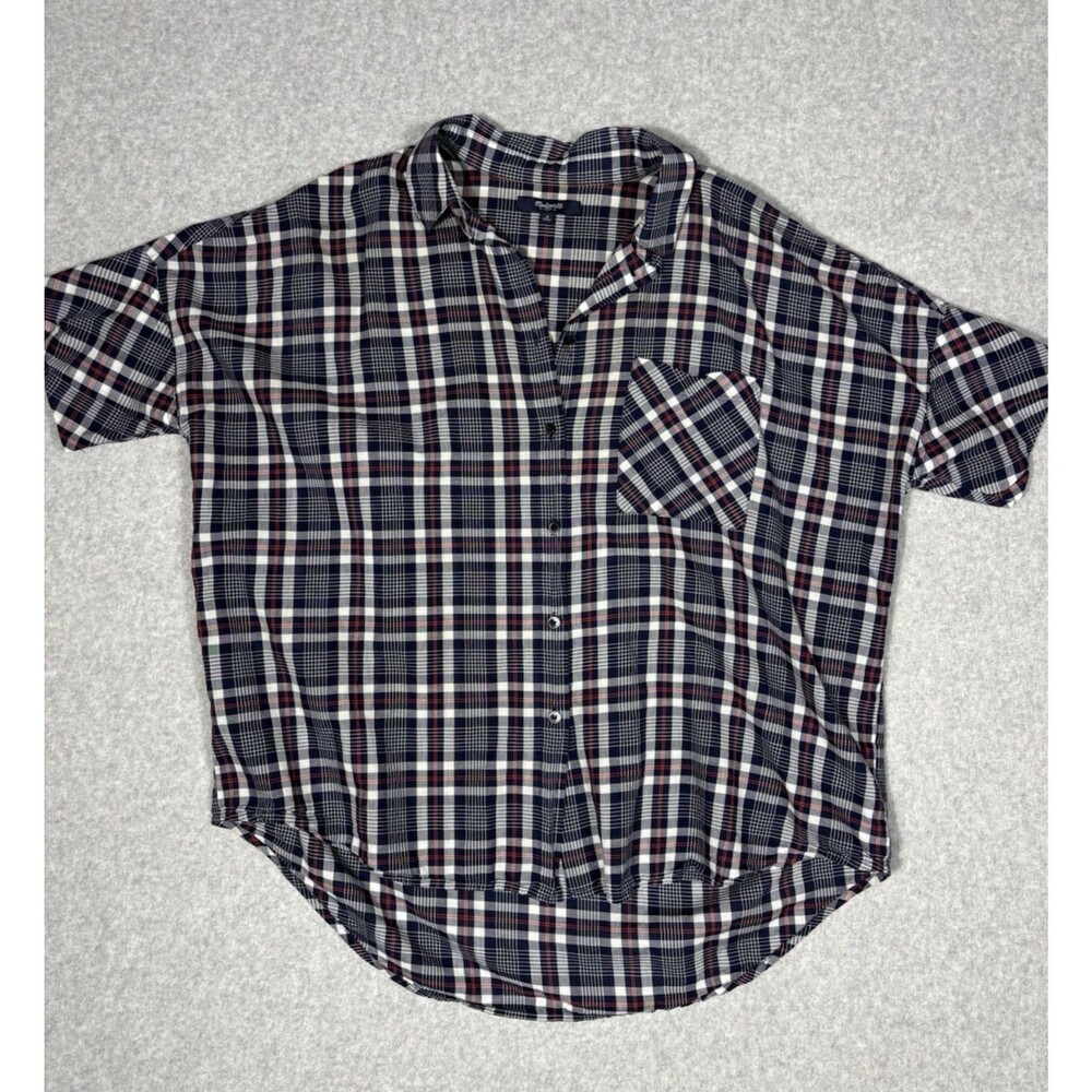 Madewell Womens Plaid Shirt Blue White Short Sleeve Button Up Boxy Top Size S